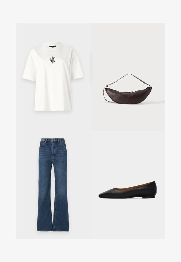 Camiseta de algodón blanca con mangas cortas, un corte relajado y un estampado de logo negro en el centro del frente. Textura suave, sin patrones adicionales.; Jeans acampanados de mezclilla azul con cintura alta, diseño de cinco bolsillos y un sutil desgaste en la tela para añadir textura y profundidad.; Zapato plano de punta puntiaguda de cuero negro con tacón bajo y acabado liso, mostrado de perfil sobre un fondo gris claro.; Bolso de hombro de cuero marrón oscuro en forma de media luna con una correa curva y costuras visibles sobre un fondo liso.