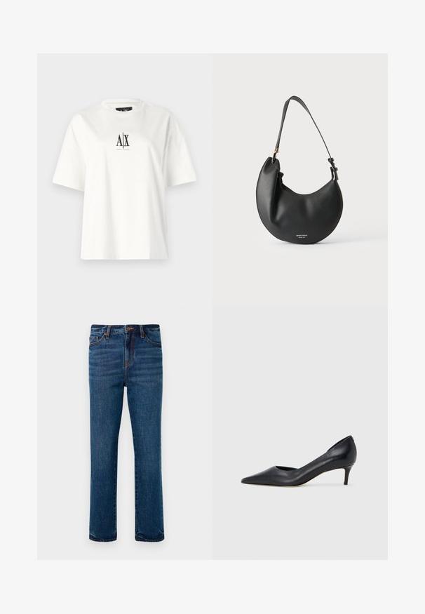 Camiseta de algodón blanca con mangas cortas, un corte relajado y un estampado de logo negro en el centro del frente. Textura suave, sin patrones adicionales.; Jeans de mezclilla en azul oscuro con un diseño de pierna recta, con costuras naranjas y un cierre frontal de botón. Incluye cinco bolsillos.; Zapato de tacón bajo de cuero negro con punta puntiaguda. Presenta una textura lisa y un brillo sutil. Corte abierto en la parte frontal para un detalle adicional.; Bolso de cuero negro en forma de media luna con correa ajustable y pequeño texto de logo blanco en el frente contra un fondo claro.