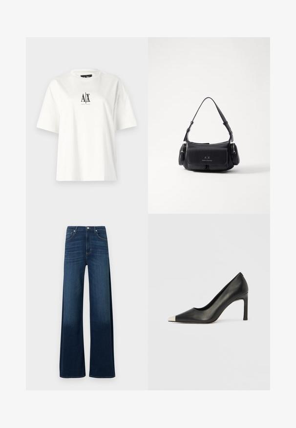 Camiseta de algodón blanca con mangas cortas, un corte relajado y un estampado de logo negro en el centro del frente. Textura suave, sin patrones adicionales.; Vaqueros de pierna ancha en denim azul oscuro. Presentan una cintura alta, cinco bolsillos, sutiles marcas de desgaste y detalles de costura a lo largo de las costuras.; Zapato de tacón alto de cuero negro con punta en forma de pico y una tapa metálica plateada. Presenta un acabado suave y un tacón delgado de 10 cm.; Bolso de mano de cuero negro con una sola correa para el hombro, cuenta con un bolsillo con solapa en la parte frontal y compartimentos con cremallera a los lados. Textura suave con detalle del logotipo.