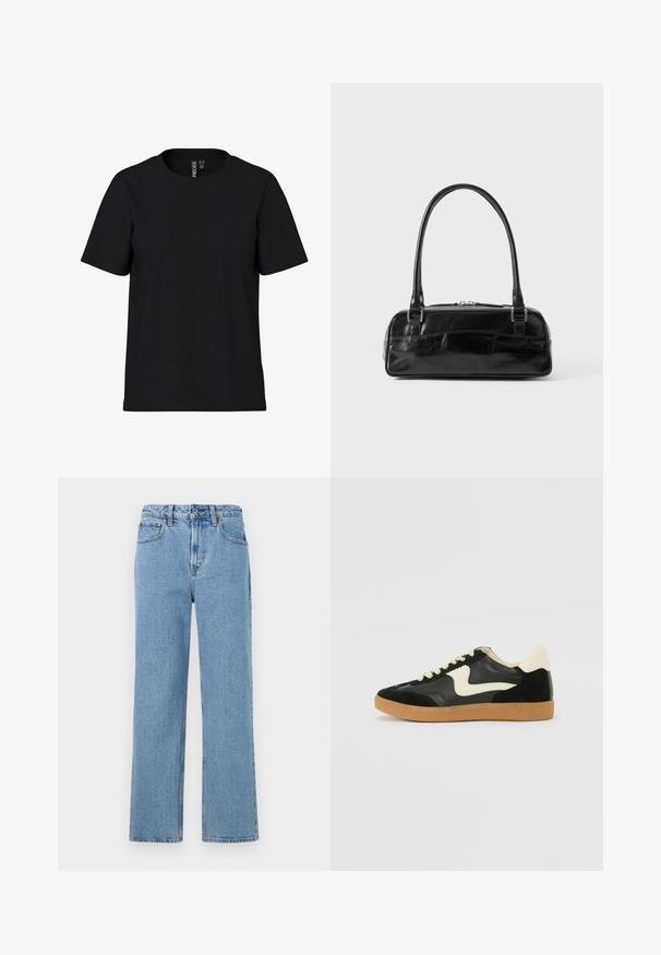 Sort kortærmet T-shirt lavet af blødt stof med rund hals. Simpelt design uden mønstre eller detaljer, lige snit i kanten.; Lyseblå straight-leg denimjeans med fem lommer, knaplukning og bæltestropper, vist mod en hvid baggrund.; Sorte ruskinds- og lædersneakers med en cremefarvet side-swoosh og lys cremefarvet hæl. Har beige snørebånd og en gummirubber-sål.; Sort læderhåndtaske med rektangulær form, der har et enkelt struktureret håndtag, sølvhardware og lynlås-lukning. Glat tekstur.