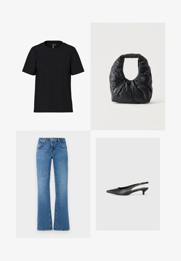 Schwarzes T-Shirt mit kurzen Ärmeln aus weichem Stoff und Rundhalsausschnitt. Einfaches Design ohne Muster oder Akzente, gerader Schnitt am Saum.; Hellblaue Jeans mit ausgestelltem Bein, die fünf Taschen, einen Knopf- und Reißverschluss sowie dezente Waschungsspuren aufweisen.; Schwarzer Slingback-Schuh mit spitzem Zehenbereich aus glattem Leder. Mit einem dünnen Absatz und einer dekorativen Schnalle am verstellbaren Riemen.; Schwarze weiche Leder-Schultertasche mit gesammelten Falten und abgerundetem Griff, aufrecht stehend vor hellem einfarbigem Hintergrund.