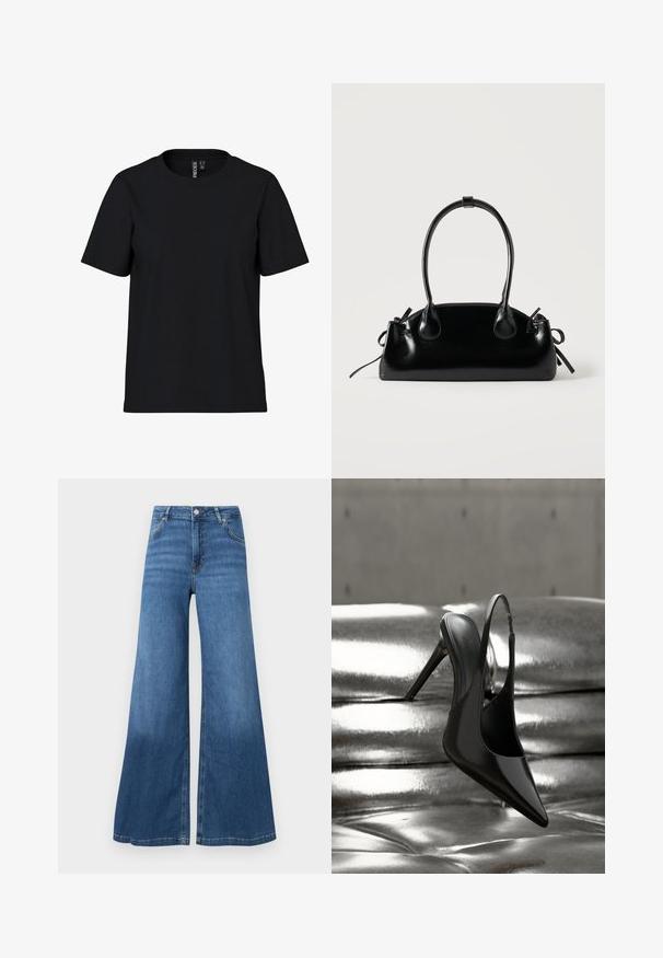 Schwarzes T-Shirt mit kurzen Ärmeln aus weichem Stoff und Rundhalsausschnitt. Einfaches Design ohne Muster oder Akzente, gerader Schnitt am Saum.; Weit geschnittene blaue Jeans aus Denim mit hoher Taille, Fronttaschen und einem sauberen Saum. Keine sichtbaren Muster oder Verzierungen.; Glänzender schwarzer Slingback-Pumps mit hohem Absatz, balanciert auf einer glänzenden silbernen metallischen, gepolsterten Oberfläche mit glatter Textur.; Kleine schwarze glänzende Handtasche mit zwei langen Griffen und seitlichen Kordelzug-Details vor einfachem hellem Hintergrund.