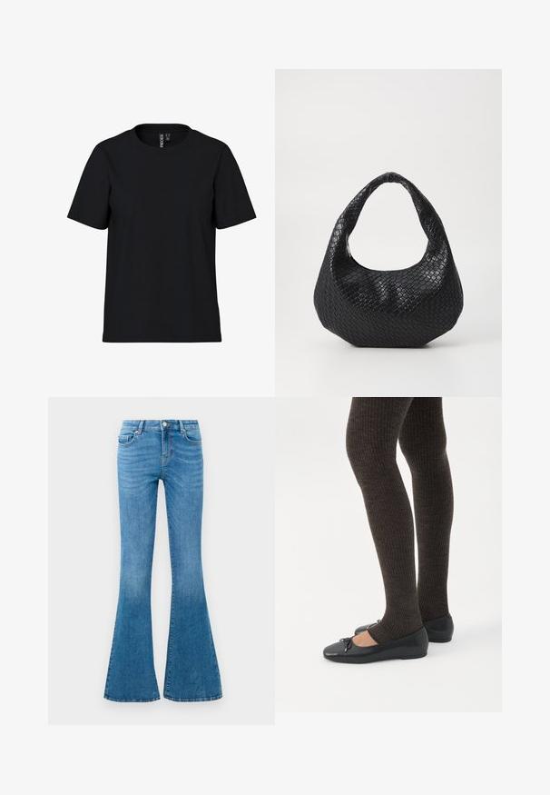 Sort kortærmet T-shirt lavet af blødt stof med rund hals. Simpelt design uden mønstre eller detaljer, lige snit i kanten.; Blå denim flared jeans med mellemhøj talje, der har fem lommer, en standard knaplukning og let falmning for struktur.; Ben iført mørke ribbede leggings kombineret med sorte balletsko med små sløjfedetaljer på hvid baggrund.; Sort flettet håndtaske med et buet håndtag, der har en struktureret overflade og en afslappet form. Glat finish med en organisk silhuet.