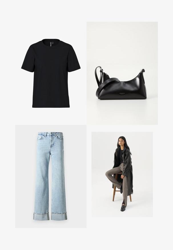 Sort kortærmet T-shirt lavet af blødt stof med rund hals. Simpelt design uden mønstre eller detaljer, lige snit i kanten.; Lysblå denim jeans med brede ben, frynset kant og dekorative rhinsten detaljer ved manchetterne. Standard fem-lomme design.; Sort læder trench coat med knapper og bælte detalje, parret med lysebrune tætsiddende bukser og sorte loafers, siddende på en træstol.; Sort læderhåndtaske med en glat tekstur. Har en justerbar stropp og et enkelt, minimalistisk design med lynlås.