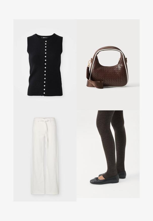 Top de punto sin mangas negro con cuello redondo y corte recto, con una tapeta frontal de botones blancos en el centro.; Pantalones blancos de pierna ancha con bolsillos delanteros y cinturón de tela anudado en la cintura, exhibidos sobre un fondo liso.; Piernas con leggings oscuros acanalados combinados con bailarinas negras que presentan pequeños detalles de lazo sobre un fondo blanco.; Bolso de mano de piel trenzada marrón con ribete blanco, cremallera dorada y correa de hombro de tela marrón desmontable.