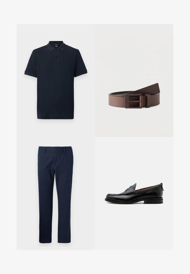 Polo à manches courtes bleu marine avec col, deux boutons noirs, et logo brodé discret sur la poitrine.; Pantalon bleu marine droit avec fermeture par bouton et zip, passants de ceinture et poches avant, présenté sur un fond uni.; Mocassin homme en cuir noir avec couture moc toe, bride penny, col texturé et petit talon empilé sur fond blanc.; Ceinture en cuir marron avec une boucle rectangulaire en métal foncé mat, partiellement enroulée sur un fond blanc uni.