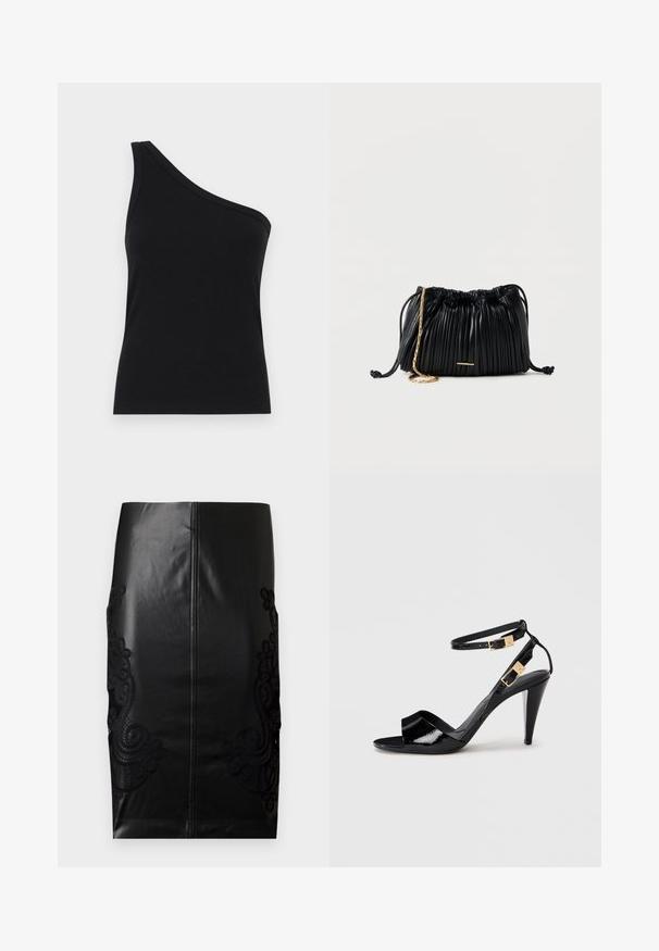 Débardeur noir à côtes à une épaule, avec un design ajusté et une texture douce. Présente une coupe épurée et minimale ainsi qu'un col lisse.; Jupe crayon en cuir noir avec un délicat broderie en dentelle noire sur les côtés, dos sans couture et texture lisse. Coupe classique et silhouette.; Sandale à talon haut en cuir verni noir avec double bride de cheville et boucles dorées, bout ouvert, et talon effilé sur fond neutre.; Sac à main en cuir noir plissé avec cordon de serrage, bandoulière chaîne dorée et petit accent horizontal doré sur le devant.