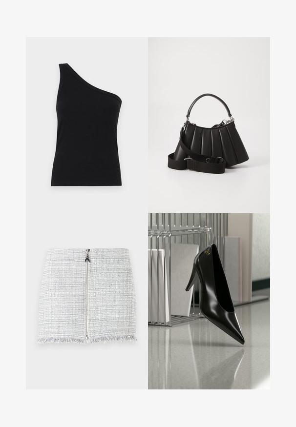 Débardeur noir à côtes à une épaule, avec un design ajusté et une texture douce. Présente une coupe épurée et minimale ainsi qu'un col lisse.; Jupe mini en tweed gris avec un ourlet effiloché et une fermeture éclair centrale. Le matériau présente un motif tissé texturé.; Chaussure noire à talon haut avec bout pointu et logo doré, posée sur une surface réfléchissante près d'un organiseur de dossiers en fil chromé contenant des documents.; Sac à main plissé noir avec une poignée arrondie, une bandoulière réglable et une texture brillante. Présente des accessoires en argent et une silhouette structurée.