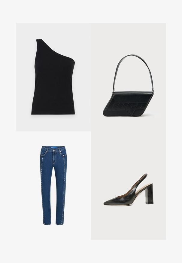 Top sin mangas negro de canalé con un diseño ajustado y una textura suave. Presenta un corte limpio y minimalista y un escote suave.; Vaqueros de mezclilla en azul oscuro con corte recto, que presentan costuras en contraste y tachuelas decorativas a lo largo de las costuras laterales y los bolsillos delanteros.; Zapato slingback de piel negra con puntera puntiaguda, tacón alto y ancho, y forro interior beige sobre un fondo claro y liso.; Bolso de hombro de cuero negro con forma triangular, logo en relieve y una sola correa ajustable. Diseño minimalista con textura suave.