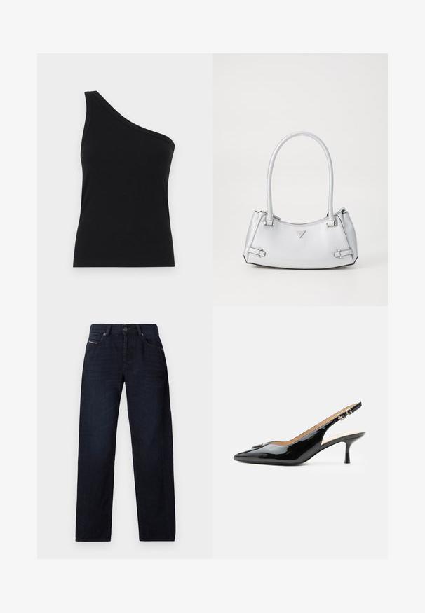 Top sin mangas negro de canalé con un diseño ajustado y una textura suave. Presenta un corte limpio y minimalista y un escote suave.; Vaqueros rectos de color azul oscuro con bolsillos frontales, trabillas para cinturón y cierre de botón, colocados sobre un fondo blanco.; Tacón slingback de charol negro con puntera puntiaguda, tacón pequeño tipo kitten y correa con hebilla plateada sobre un fondo blanco liso.; Bolso de mano plateado con un diseño estructurado, que cuenta con dos asas, textura brillante, herrajes de acento y un logo triangular en la parte frontal.