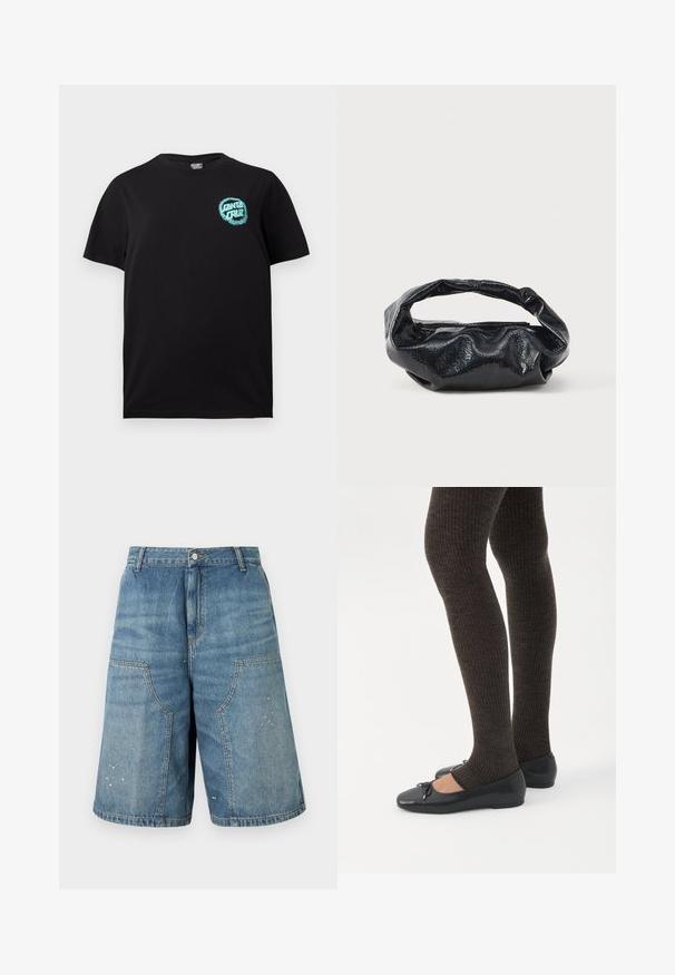 Μαύρο κοντομάνικο T-shirt με στρογγυλή λαιμόκοψη και μικρό γαλάζιο λογότυπο "Santa Cruz" στο αριστερό πάνω μέρος του στήθους.; Μπλε τζιν σορτς μέχρι το γόνατο με μεγάλες μπροστινές τσέπες και μικρά λευκά πιτσιλίσματα μπογιάς, κλείσιμο με κουμπί και φερμουάρ στη μέση.; Πόδια με σκουρόχρωμα ριμπ κολάν συνδυασμένα με μαύρα μπαλαρίνα παπούτσια με μικρές λεπτομέρειες φιόγκων σε λευκό φόντο.; Μαύρη τσάντα φτιαγμένη από γυαλιστερό, υφασμάτινο υλικό με κυκλική, στροβιλισμένη λαβή και κλείσιμο με φερμουάρ. Διαθέτει ένα μαλακό, ζαρωμένο σχέδιο.