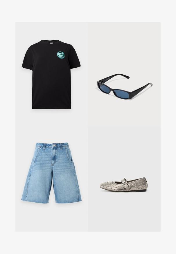 Μαύρο κοντομάνικο T-shirt με στρογγυλή λαιμόκοψη και μικρό γαλάζιο λογότυπο "Santa Cruz" στο αριστερό πάνω μέρος του στήθους.; Ανοιχτό μπλε τζιν σορτς με μπροστινές τσέπες, θηλιές για ζώνη και κούμπωμα με κουμπί, εμφανιζόμενο σε λευκό φόντο.; Γκρι επίπεδο παπούτσι με στρογγυλή μύτη, διακοσμημένο με μεταλλικά τρουκς, και πλευρική ταινία με λεπτομέρεια ασημένιου κλειδώματος. Λείος υφή.; Μαύρα γυαλιά ηλίου με κομψό ορθογώνιο σκελετό και μπλε φακούς. Διαθέτουν λεία υφή και ανθεκτικά μπράτσα. Λογότυπο της μάρκας στο πλάι.