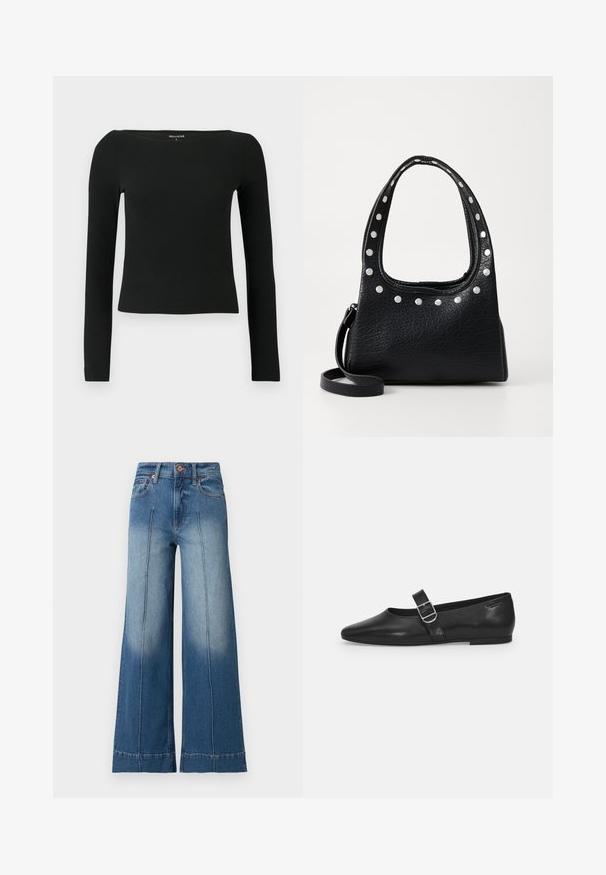 Sort langærmet top med bådudskæring, lavet af ribbet materiale. Har en tætsiddende design og minimalistisk stil, ingen synlig hardware eller mønstre.; Højtaljede blå denimjeans med vide ben, detaljer med sømme foran, fem lommer og knaplukning i taljen.; Sorte læder flade sko med rund tå, et enkelt justerbart spænde og en glat, blank overflade. Minimalistisk design med en lav hæl.; Sort struktureret lædertaske med sølvnitter langs den øverste kant og håndtagene, der har et kort håndtag og en aftagelig strop.