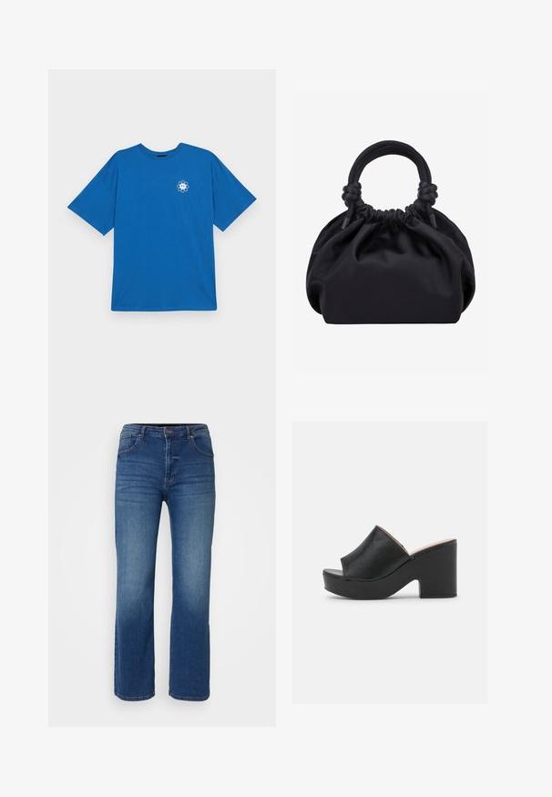 Even&Odd Curvy by Zalando LIZ FEEL GREAT - T-Shirt print - blue; Dunkelblaue Jeans aus Denim im Straight-Leg-Design, mit fünf Taschen, Knopf- und Reißverschluss. Glatte Textur mit minimaler Ausbleichung.; Schwarze Leder-Pantoletten mit offener Zehenpartie verfügen über einen breiten Vorderstraps und einen klobigen, hohen Plateau-Absatz mit einer glatten Textur. Seitenansicht dargestellt.; Schwarze weiche Stoffhandtasche mit gerafftem oberen Rand und runden, gepolsterten Griffen, die auf jeder Seite mit Knoten gebunden sind.