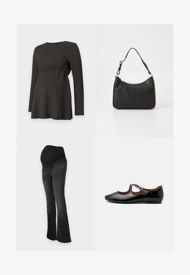 Túnica de maternidad negra de manga larga con cintura fruncida y ligera apertura debajo del busto, hecha de una tela texturizada.; Jeans de maternidad en denim gris oscuro con un panel negro elástico para soporte de la barriga, diseño de pierna acampanada y estilo clásico de cinco bolsillos.; Zapato plano Mary Jane de charol negro con dos recortes y una correa con hebilla dorada sobre fondo blanco.; Bolso de mano de cuero negro con forma curvada, una sola correa, cierre de cremallera y marcas sutiles en la parte frontal. Textura suave, diseño minimalista.