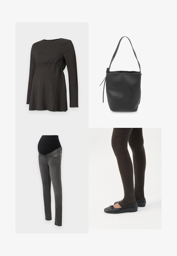 Čierna tehotenská blúzka s dlhým rukávom, s nariaseným pásom a miernym rozšírením pod prsiami, vyrobená z textúrovanej látky.; Tehotenské džínsy s čiernym pružným pásom, šedou denimovou látkou, úzkym strihom a vreckami. Majú hladký povrch a čisté línie.; Nohy v tmavých pásikavých legínach v kombinácii s čiernymi balerínkami s malými mašličkami na bielom pozadí.; Čierna kožená taška v tvare vedra s textúrovaným povrchom, jedným ramenným popruhom a otvoreným dizajnom. Má detail stiahnutia na šnúrku.