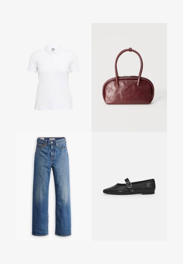 Polo blanc à manches courtes en coton texturé. Doté d'un col classique et d'une patte à trois boutons. Coupe décontractée avec un ourlet droit.; Jean en denim bleu clair avec une taille haute, une coupe à jambes larges, un style classique à cinq poches et un léger délavage sur le tissu.; Chaussure plate en cuir noir avec un bout arrondi, une seule sangle réglable à boucle et une texture lisse et brillante. Design minimaliste avec un petit talon.; Sac à main en cuir rouge foncé aux bords arrondis, deux poignées et une fermeture éclair sur le dessus, présenté sur un fond clair uni.