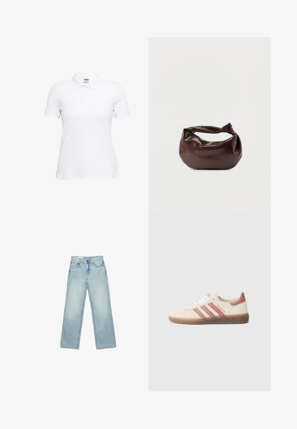 Polo blanc à manches courtes en coton texturé. Doté d'un col classique et d'une patte à trois boutons. Coupe décontractée avec un ourlet droit.; Jean taille haute bleu clair à jambes larges, légèrement usé sur les poches avant et les cuisses, fermeture par boutons et design cinq poches.; Baskets en daim beige avec des accents roses, trois bandes roses, des lacets blancs et une semelle en gomme transparente. Marque "Spezial" sur le côté.; Sac bandoulière en cuir marron foncé avec une forme souple et décontractée et une anse nouée torsadée sur un fond blanc uni.
