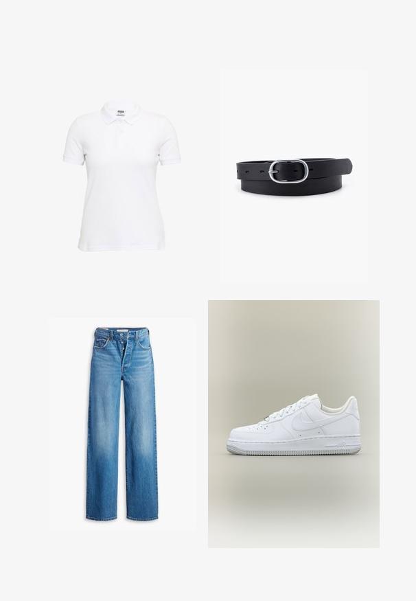 Witte polo met korte mouwen van getextureerde katoen. Voorzien van een klassieke kraag en een drieknoopsluiting. Casual pasvorm met een rechte zoom.; Blauwe spijkerbroek met een hoge taille, wijde pijpen en vijf-pocketstijl. Voorzien van een knopenfly en een vervaagde afwerking.; Witte lage Nike Air Force 1 sneaker met veters, geperforeerde neus en gestructureerde rubberen zool op neutrale achtergrond.; Zwarte leren riem met een gladde textuur, ovaal zilveren metalen gespsluiting en meerdere verstelgaten langs de band. Platte, minimalistische uitstraling.