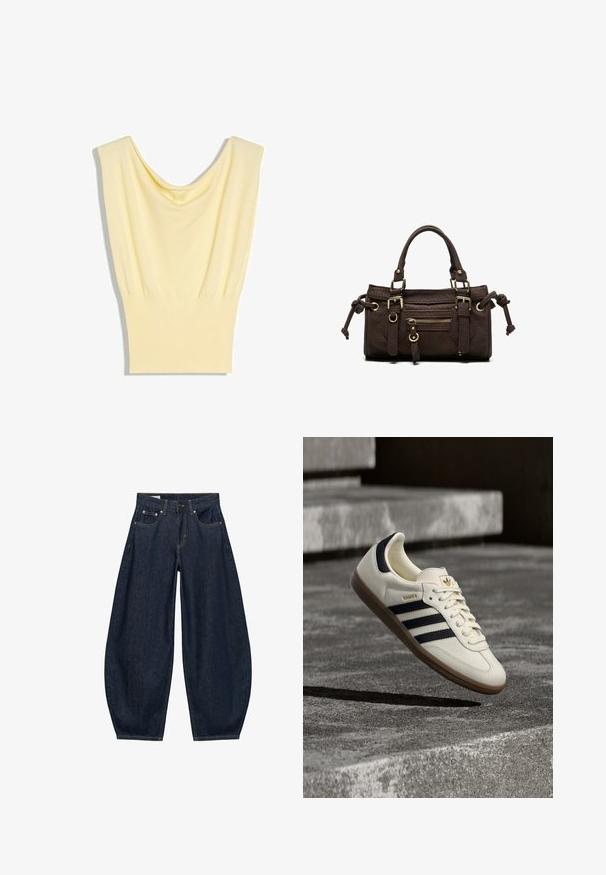 Haut tricoté sans manches jaune clair avec un large col drapé et une ceinture côtelée, posé à plat sur un fond blanc.; Jean en denim bleu foncé à jambes larges avec poches avant, passants de ceinture et fermeture par bouton à la taille.; Baskets blanches Adidas Samba avec des bandes noires et une semelle en gomme, flottant au-dessus de marches en béton gris texturé.; Sac à main en cuir marron foncé avec double poignée, poche avant zippée, boucles décoratives et nœuds latéraux sur fond blanc.