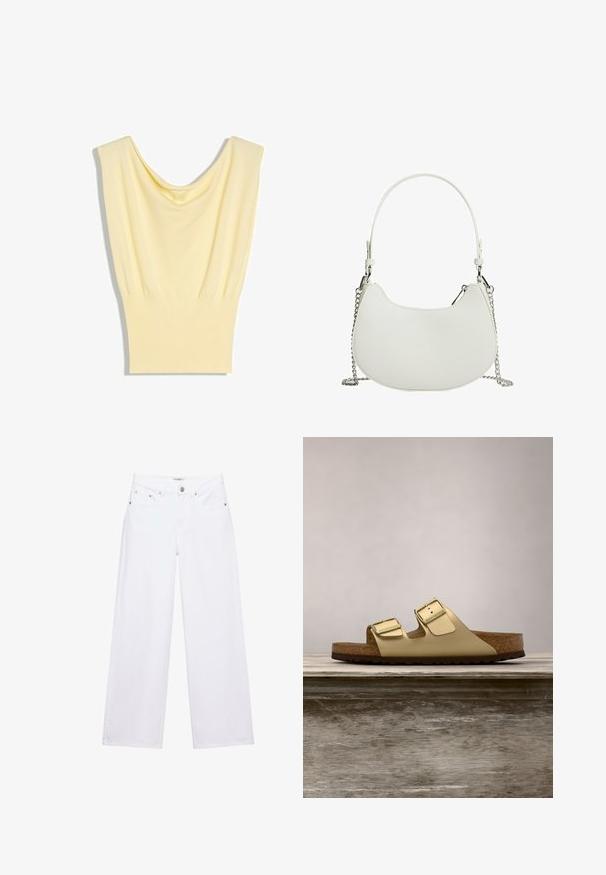 Haut tricoté sans manches jaune clair avec un large col drapé et une ceinture côtelée, posé à plat sur un fond blanc.; Jean blanc taille haute à jambes larges avec fermeture à boutons et zip, poches avant et arrière, et détails en rivets argentés.; Sandales en cuir vegan doré avec deux brides réglables, bride en liège et semelle en caoutchouc noir. Texture lisse avec finition métallique.; Sac à main synthétique blanc de forme courbée, avec une bandoulière en chaîne et un design minimaliste. Texture lisse avec des accents en métal argenté.