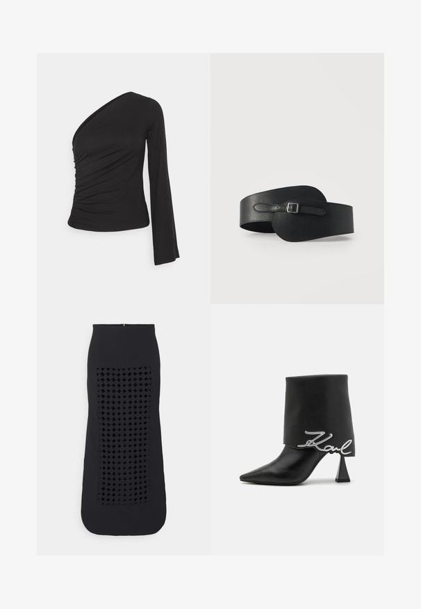 Top asimétrico de manga larga en negro, con un lado fruncido para dar textura y un silueta ajustada. Hecho de material suave y elástico.; A.W.A.K.E. MODE SKIRT WITH FRAME INSERT - Falda larga - black; Botín de cuero negro con punta afilada, tacón alto y grueso, y parte superior doblada con un detalle del logo plateado "Zaul".; Cinturón de cuero negro con una forma alargada y extremo redondeado, hebilla elegante y textura lisa.