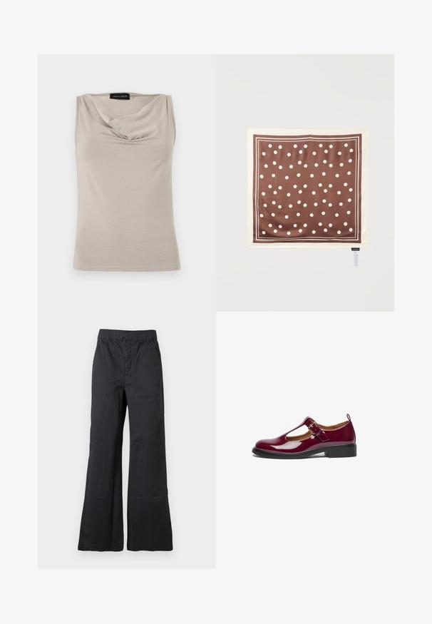 Haut femme beige sans manches avec col drapé, en tissu doux, étiqueté "Anna Field" à l'intérieur du col.; Pantalon noir à jambes larges avec taille élastique et grandes poches plaquées devant, présenté sur un fond clair uni.; Chaussure Mary Jane en cuir verni bourgogne avec un bout arrondi, une bride T, une boucle ajustable et un petit talon carré. Texture lisse et design simple.; Foulard carré marron à pois blancs avec une bordure blanche double, présenté à plat avec une étiquette de soin visible dans le coin inférieur.