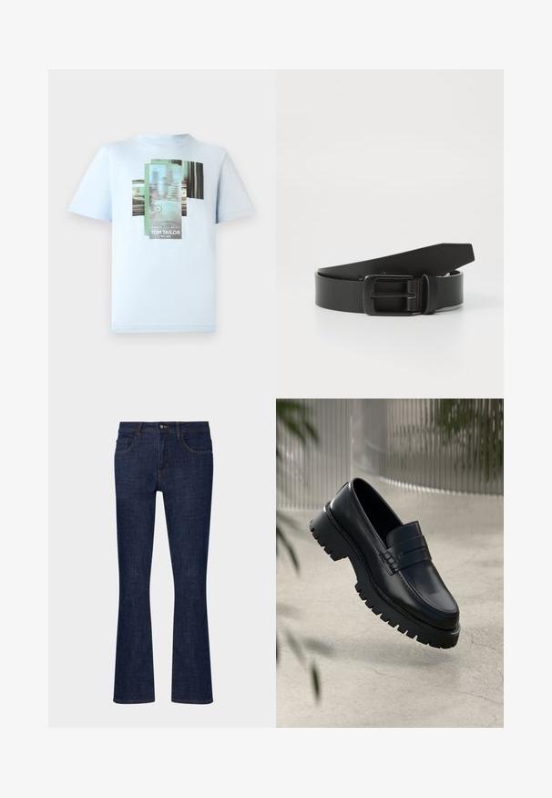 TOM TAILOR T-shirts print - light metal blue; Mørkeblå denim flare jeans med mellemhøj talje, fem lommer og kontrastsyninger. Glat tekstur med minimal slid.; Sorte læder loafers med en chunky sål, der har en dekorativ rem og syninger. Glat tekstur med en poleret overflade.; Sort læderbælte med spænde i mat sort metal, der har en glat tekstur og enkelt design. Justerbar længde med en tilspidset ende.