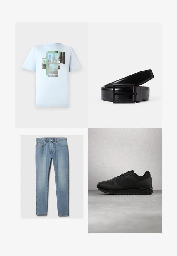 TOM TAILOR T-shirts print - light metal blue; Lyseblå denimjeans med straight fit, som har fem lommer, knap-lynlås og lysnede sektioner på benene.; Sort BOSS-sneaker med struktureret stof og læderpaneler, snørebånd bundet, svævende over en grå betongulv nær glasblokke.; Sorte læderbælte med en glat finish, der har en firkantet sort metalspænde. Bæltet har diskret syninger og et klassisk design.