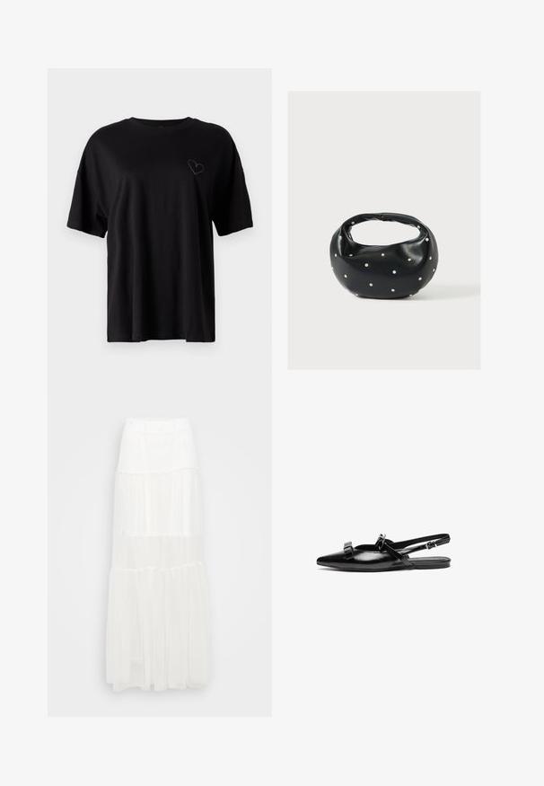 Schwarzes Baumwoll-T-Shirt mit kurzen Ärmeln, lässiger Schnitt, Rundhalsausschnitt, mit einem dezenten Herzdesign, das auf der linken Brustseite gestickt ist.; Weißer, mehrlagiger Maxirock mit elastischem Bund. Aus leichtem Stoff gefertigt, mit halbtransparenten Lagen und einem fließenden Design.; Schwarze Leder-Slingback-Ballettschuhe mit spitzer Zehenform, verziert mit Rüschendetails auf dem Schaft und einem verstellbaren Knöchelriemen. Glatte Oberflächenstruktur.; Schwarze Lederhandtasche mit abgerundeter Form, verziert mit silbernen Nietenakzenten und kurzem Griff. Glatte Struktur und Reißverschlussverschluss.