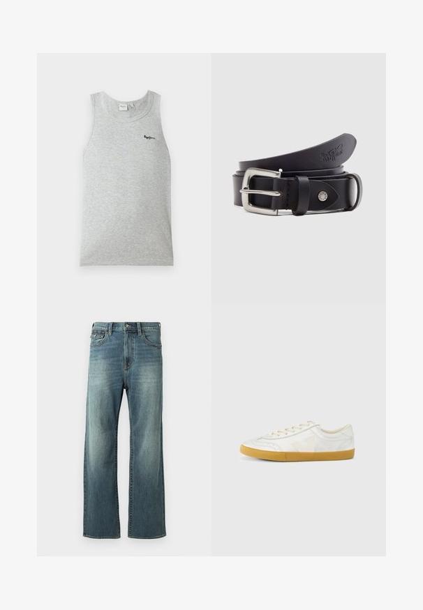 Débardeur côtelé gris clair sans manches avec encolure ronde et petit logo noir "Pepe Jeans" sur la partie supérieure gauche de la poitrine.; Jeans en denim bleu clair avec une coupe droite, un léger délavage, cinq poches et des passants de ceinture. Comprend des accents de couture et une fermeture à bouton.; Baskets en cuir blanc à texture lisse, avec un logo "V" beige, un bout rond, un design à lacets et une semelle en caoutchouc gomme.; Ceinture en cuir noire avec une boucle en métal argenté, un bouton-pression pour l'ajustement et des détails embossés sur le cuir. Texture lisse sur toute la surface.