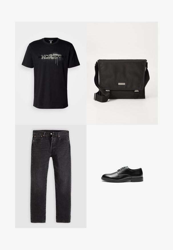 Camiseta de algodón negra con un gráfico de texto en spray "ANTONY MORATO" en gris con detalles de goteo, mangas cortas y cuello redondo.; Pantalones vaqueros de mezclilla negra con corte recto, que cuentan con dos bolsillos frontales, un bolsillo para monedas y remaches metálicos. Diseño clásico de cinco bolsillos.; Zapato de vestir de cuero negro con acabado liso, puntera redondeada, diseño de cordones con seis ojales y suela de goma plana.; Maletín negro hecho de nailon con acabado mate. Presenta un cierre con solapa, una correa ajustable y una pequeña placa con el logo metálico.