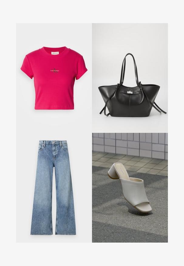 Žiarivo ružový skrátený tričko s krátkymi rukávmi, s malým logom Calvin Klein na strede. Čisté biele pozadie pre zvýraznenie.; Svetlomodré džínsové nohavice so širokými nohavicami, prednými vreckami, pútkami na opasok, zapínaním na gombíky a vyblednutými detailmi.; Jeden biely otvorený mule s hrubým podpätkom na dláždenej zemi blízko obkladanej steny, naklonený tak, aby sa ukázal bočný a horný pohľad.; Čierna kožená taška tote s širokým, trojuholníkovým tvarom. Obsahuje štýlové kovové zapínanie, dlhé popruhy a hladkú textúru.