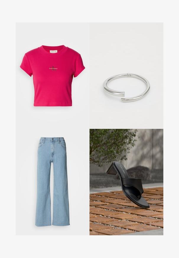 Vaaleanpunainen lyhythihainen cropped-t-paita, jossa on pieni Calvin Klein -logo keskellä. Puhtaan valkoinen tausta korostusta varten.; Vaaleansiniset leveät farkut, joissa on istuva vyötärö, viisi taskua ja huomaamattomat ompeluyksityiskohdat.; Musta Calvin Kleinin korkokengäsandaali varvassilmukalla, puisella laattalattialla ulkona, lähellä puuta ja kiviseinää.; Calvin Klein SPIRAL - Rannekoru - silver-coloured