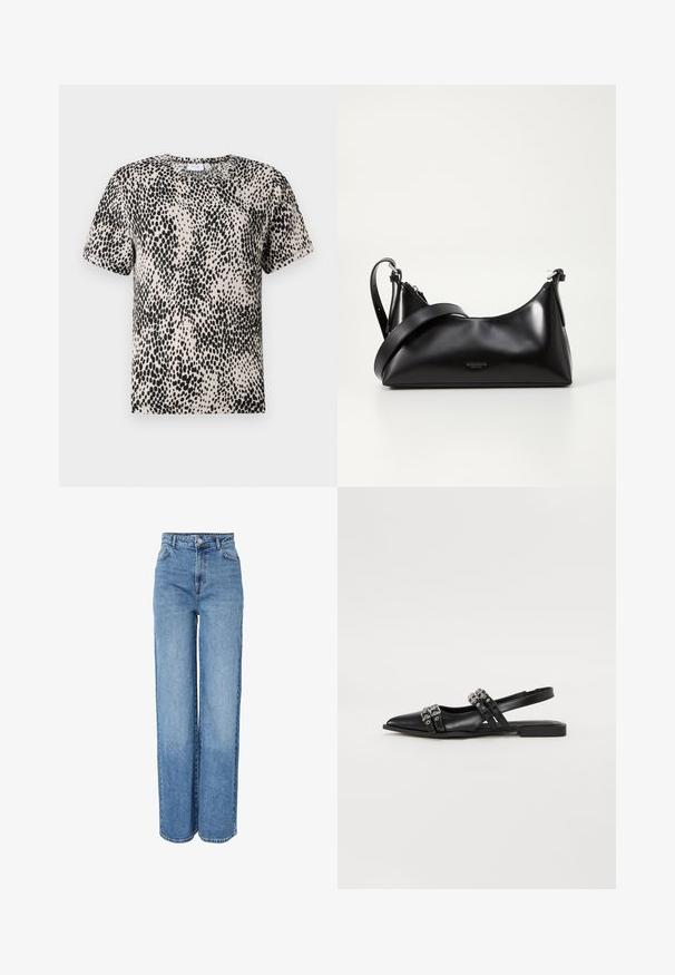T-Shirt mit kurzen Ärmeln in hellbeige mit schwarzem Punktmuster, Rundhalsausschnitt und weichem Stoff. Gerade Passform ohne sichtbare Verzierungen.; Hoch taillierte, gerade geschnittene blaue Jeans aus Denim mit vorderer Knopf- und Reißverschluss, Gürtelschlaufen sowie Vorder- und Gesäßtaschen.; Even&Odd Sling-Ballerina - black; Schwarze lederne Handtasche mit glatter Textur. Verfügt über einen verstellbaren Riemen und ein elegantes, minimalistisches Design mit einem Reißverschluss.
