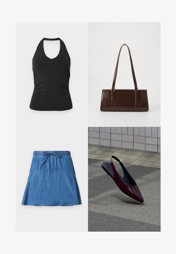 Haut noir sans manches col halter avec une taille cintrée et un léger froncé sur les côtés, présenté sur un fond clair uni.; Jupe en jean bleu avec taille élastique et cordon de serrage, forme trapèze, et détails de coutures visibles sur un fond uni.; Chaussure plate slingback en cuir verni marron avec bout pointu flottant au-dessus d'un trottoir texturé près d'un mur carrelé.; Sac à main en cuir verni marron de forme rectangulaire, avec deux longues poignées et des accents courbés subtils à l'avant.