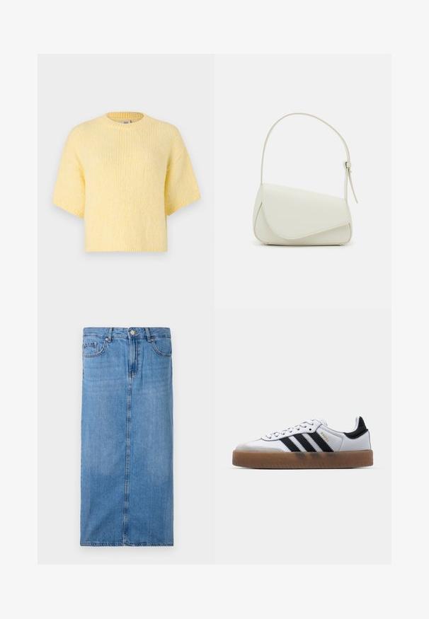 Korte mouwen, gebreide gele trui, ontspannen pasvorm, ronde hals, zachte textuur, ribgebreide randen en een casual silhouet.; Denim midi rok in lichtblauw, met een rechte silhouet, zijnaad, en standaard taille met vijf riemlussen en een metalen knoopsluiting.; Witte leren sneakers met zwarte strepen, gumrubberen buitenzool, ronde neus, vetersluiting en een zachte grijze suède neuskap.; Witte nepleren handtas met een gestructureerde driehoekige vorm, een enkele verstelbare schouderriem en een klep met ronde accenten.