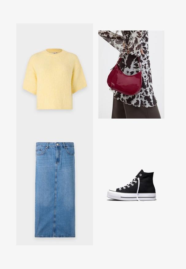 Kortærmet, strikket gul sweater, afslappet pasform, rund halsudskæring, blød tekstur, ribbede kanter og en afslappet silhuet.; Denim midi-nederdel i lyseblå, med en lige silhuet, front søm og standard talje med fem bæltesløjfer og metal knap lukning.; Sort high-top canvas sneaker med hvid gummisål og hvide snørebånd, vist fra siden mod en hvid baggrund.; Kvinde iført en sort- og hvidmønstret bluse, der holder en blank rød skuldertaske mod en ensfarvet baggrund.