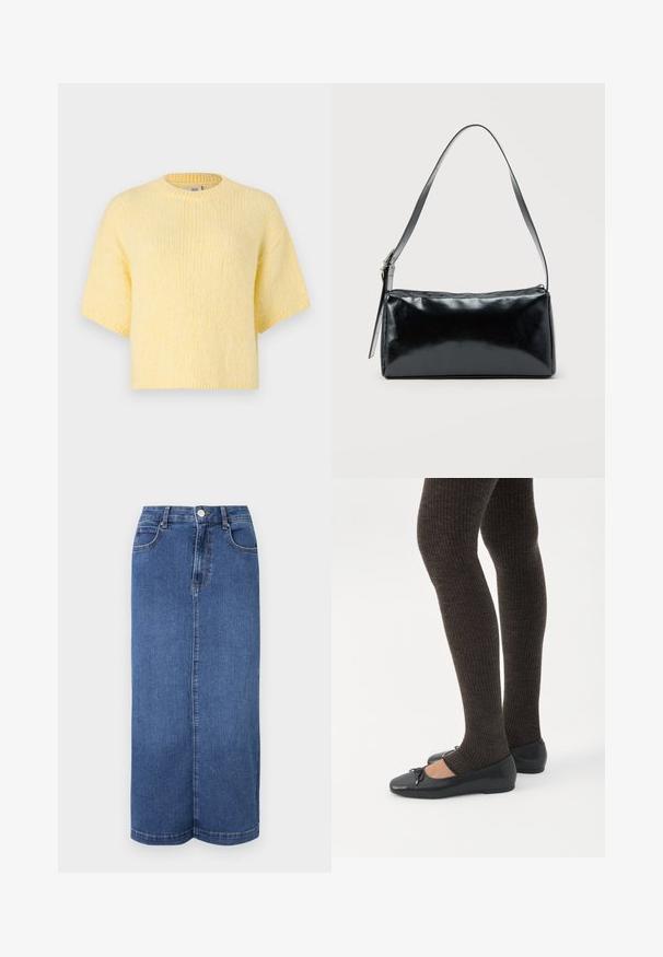 Kortærmet, strikket gul sweater, afslappet pasform, rund halsudskæring, blød tekstur, ribbede kanter og en afslappet silhuet.; Mørkeblå denim maxiskørt med lige snit, talje med knaplukning og minimale syninger.; Ben iført mørke ribbede leggings kombineret med sorte balletsko med små sløjfedetaljer på hvid baggrund.; Sort rektangulær skuldertaske med en enkelt justerbar rem og lynlås i toppen på en ensfarvet baggrund.