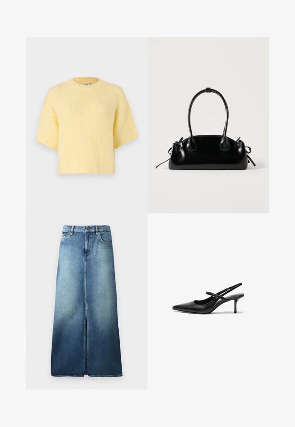 Korte mouwen, gebreide gele trui, ontspannen pasvorm, ronde hals, zachte textuur, ribgebreide randen en een casual silhouet.; Denim rok in een licht naar donkerblauw gradient, met een voorzijde split, standaard tailleband en een rechte snit met gezoomde randen.; Zwarte leren slingback hakken met een puntige neus, slanke verstelbare band en een ongeveer 5 cm hoge stiletto hak, met een gladde textuur.; Kleine zwarte glanzende handtas met twee lange hengsels en zijkant trekkoord details op een effen lichte achtergrond.
