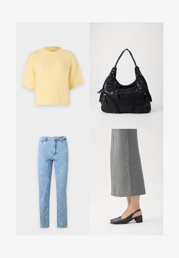 Kortærmet, strikket gul sweater, afslappet pasform, rund halsudskæring, blød tekstur, ribbede kanter og en afslappet silhuet.; Lyseblå denimjeans med spredte små hvide og gule margueritblomsterbroderier, med knap- og lynlåslukning foran.; Sorte læder slingback sko med spids tå, blokhæl og kontrasterende lyserød hælafslutning. Glat tekstur med minimalistisk design.; Sort læder håndtaske med dobbelte håndtag, frontlynlåslommer og metalnitte detaljer, sat mod en ensfarvet lys baggrund.