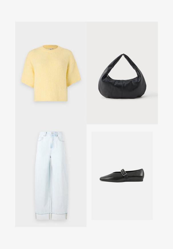 Kortærmet, strikket gul sweater, afslappet pasform, rund halsudskæring, blød tekstur, ribbede kanter og en afslappet silhuet.; Lyseblå vidde jeans lavet af denim, med høj talje, forlommer og en rullet kant med synlige syninger.; Sorte læder flade sko med spidse tæer, prydet med en metallisk spænde over vristen og en lav, fleksibel sål.; Sorte bløde læder halvmåneformet håndtaske med et tykt, polstret håndtag og lynlås lukning i toppen.