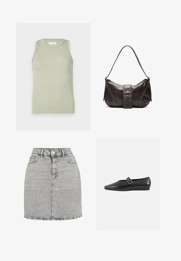 Haut sans manches vert clair côtelé avec un col rond. Présente une texture lisse et une coupe ajustée, idéal pour le superposition ou une tenue décontractée.; Jupe en denim gris à taille haute, avec une fermeture à boutons sur le devant et deux poches latérales. Présente un ourlet effiloché et une texture légèrement délavée.; Chaussure plate en cuir noir avec un orteil pointu, présentant une sangle à boucle métallique sur le cou-de-pied et une semelle basse et flexible.; Sac à épaule en cuir marron avec une forme courbée, présentant un détail de boucle proéminent, des coutures contrastantes et une seule bandoulière.