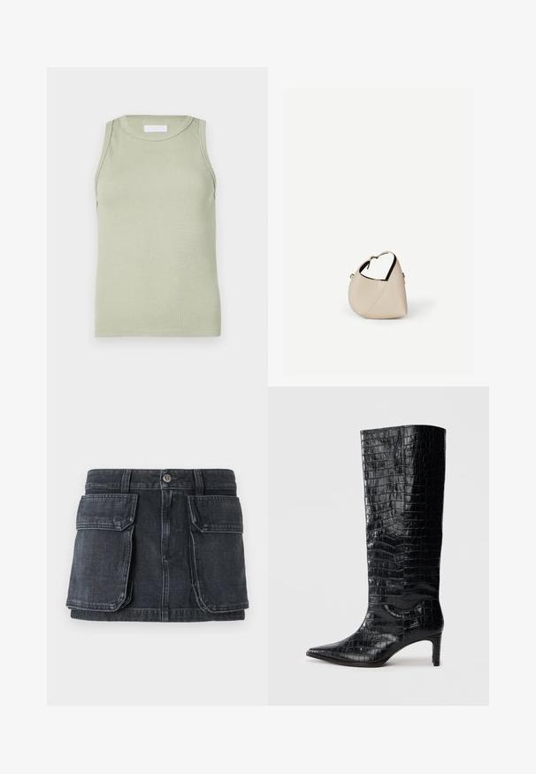 Haut sans manches vert clair côtelé avec un col rond. Présente une texture lisse et une coupe ajustée, idéal pour le superposition ou une tenue décontractée.; Jupe en denim noir avec une taille ajustée, fermeture à boutons, deux grandes poches avant et des détails de coutures contrastantes.; Bottes noires montantes, avec une texture brillante à motif crocodile, bout pointu et talon effilé. Matériau synthétique lisse.; Sac à main en cuir beige en forme de croissant avec une seule bandoulière et des coutures minimalistes, posé sur un fond blanc uni.