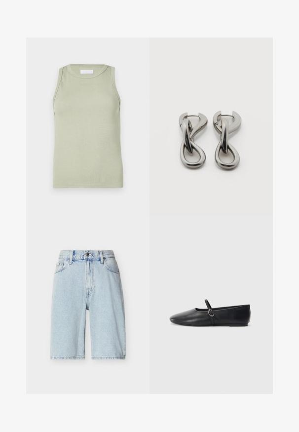 Haut sans manches vert clair côtelé avec un col rond. Présente une texture lisse et une coupe ajustée, idéal pour le superposition ou une tenue décontractée.; Shorts en denim bleu clair à taille haute, fermeture par bouton et zip, passants pour ceinture, et poches avant.; Ballerines noires en cuir avec un bout pointu, une semelle plate et une petite sangle avec un détail de boucle en argent.; Paire de boucles d'oreilles en métal argenté avec un motif abstrait d'anneaux entrelacés sur fond blanc.