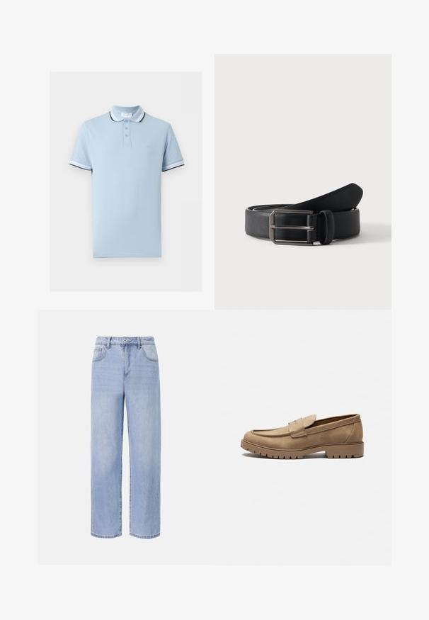 Light blue short-sleeve polo shirt with white and black striped collar and sleeve edges, three-button placket, and subtle chest logo.; Light blue denim jeans with a relaxed, wide-leg design. Features include five pockets, a front button closure, and subtle fading.; Tan suede loafers with a rounded toe, flat rubber sole, and decorative stitching on the upper. Features a slip-on design with no lace.; Black leather belt rolled with rectangular silver metal buckle on a plain light background.