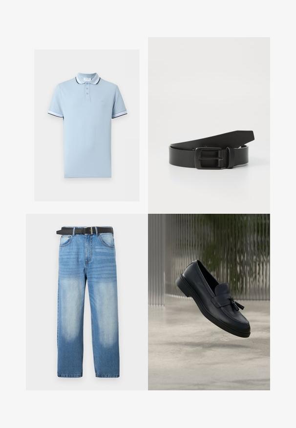 Light blue short-sleeve polo shirt with white and black striped collar and sleeve edges, three-button placket, and subtle chest logo.; Light blue denim jeans with a straight leg, featuring a black belt, faded patches, and subtle diagonal texture on the upper section.; Black leather loafers featuring a smooth texture, a rounded toe, and decorative tassels on the front. Flexible rubber sole with low heel.; Black leather belt with a matte black metal buckle, featuring a smooth texture and simple design. Adjustable length with a tapered end.