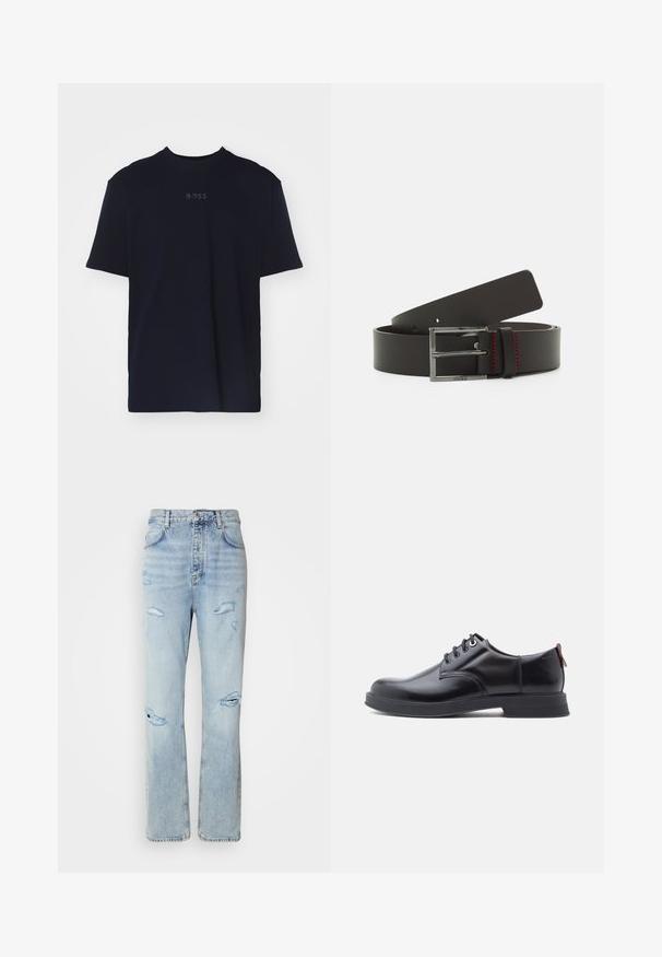 Marineblå bomulds t-shirt med korte ærmer og rund neckline, prydet med et gråt "BOSS" logo centreret på brystet.; Lysvaskede denimjeans med en afslappet pasform, der har slidte områder og frynsede kanter. Stoffet har en blød, glat tekstur.; Sorte snørestøvler i læder med glat tekstur, rundet tå og diskrete syningsdetaljer. Har en rød trækflig på hælen.; Sort læderbælte med en rektangulær sølvspænde, prydet med rød syning, og en glat overflade. Længden kan justeres med flere huller.