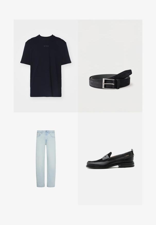 Camiseta de algodón azul marino de manga corta y escote redondo, con un logo gris "BOSS" centrado en el pecho.; Vaqueros de mezclilla azul claro con corte recto, cierre frontal con botón y cremallera, trabillas para cinturón y bolsillos delanteros.; Mocasín de cuero negro con detalle de tira gris, tacón bajo y suela texturizada, con la marca "HUGO" en oro en el lateral.; Cinturón de cuero de ante negro enrollado con hebilla metálica rectangular plateada sobre un fondo blanco liso.