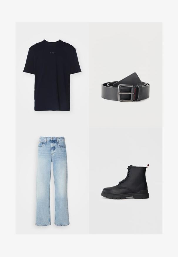 Marineblå bomulds t-shirt med korte ærmer og rund neckline, prydet med et gråt "BOSS" logo centreret på brystet.; Lysblå vide jeans med høj talje, der har en falmet finish, bæltestropper og klassisk fem-lomme design. Kantene er rå.; Sort læder ankelstøvle med snørebånd foran, tykk gummisål og rød løftestrop ved hælen, vist mod en ensfarvet lys baggrund.; Sort læderbælte rullet sammen med metalrektangulært spænde og lille rød syningsdetalje på løkken mod ensfarvet hvid baggrund.